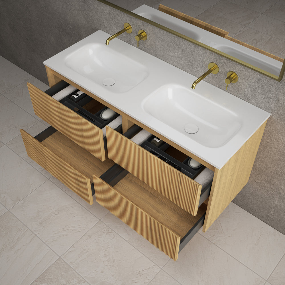 Scanalato Four Drawer Vanity Unit With Beyondstone Double Basin - Oak 1200mm