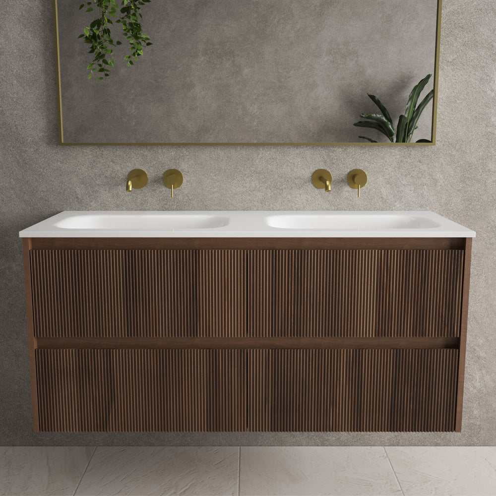 Scanalato Four Drawer Vanity Unit With Beyondstone Double Basin - Walnut 1200mm
