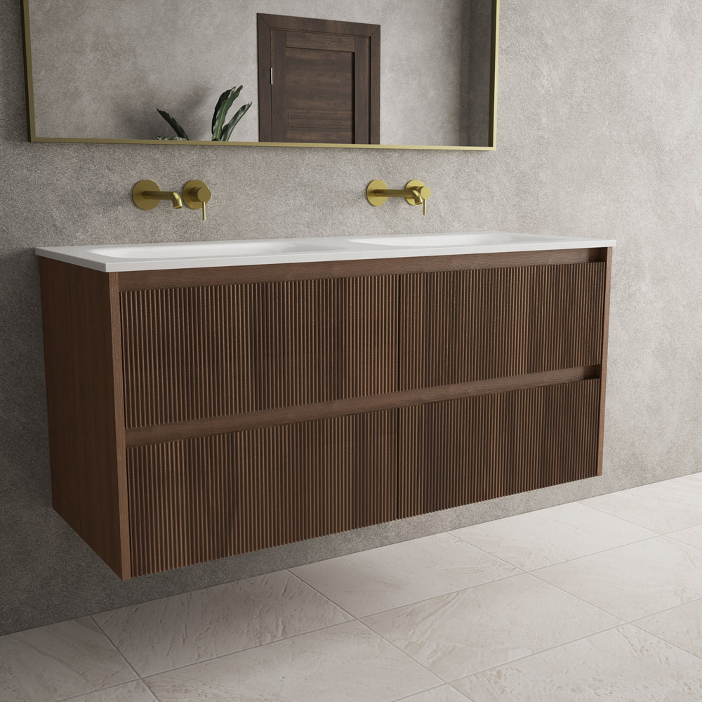 Scanalato Four Drawer Vanity Unit With Beyondstone Double Basin - Walnut 1200mm