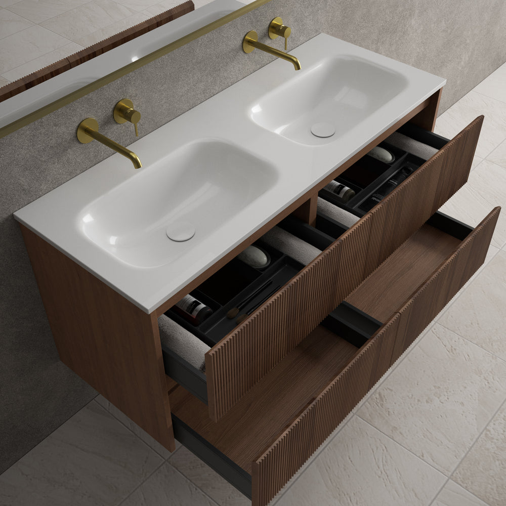 Scanalato Four Drawer Vanity Unit With Beyondstone Double Basin - Walnut 1200mm