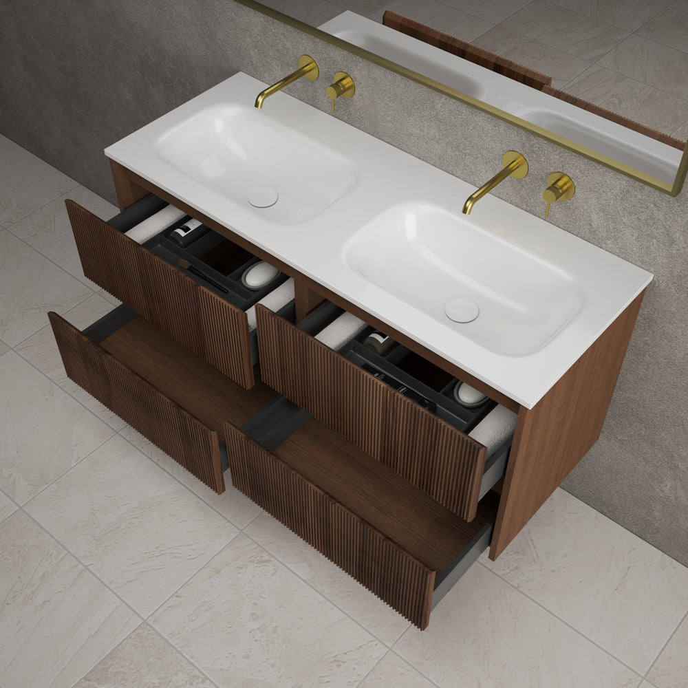 Scanalato Four Drawer Vanity Unit With Beyondstone Double Basin - Walnut 1200mm
