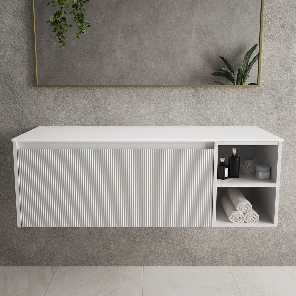 Scanalato Single Drawer Countertop Vanity Unit With Open Storage Space - Soft Grey 1200mm