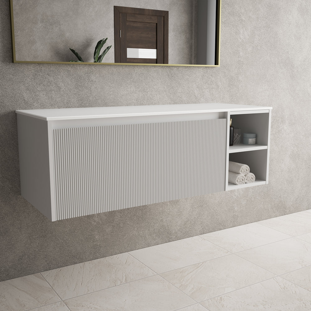 Scanalato Single Drawer Countertop Vanity Unit With Open Storage Space - Soft Grey 1200mm