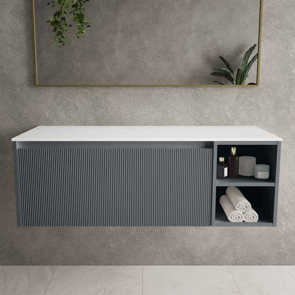 Scanalato Single Drawer Countertop Vanity Unit With Open Storage Space - Slate Grey 1200mm