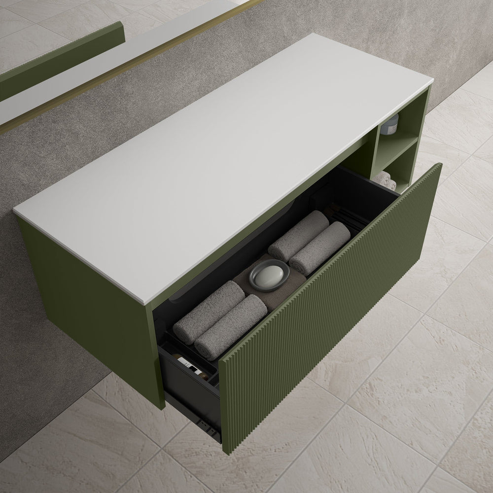 Scanalato Single Drawer Countertop Vanity Unit With Open Storage Space - Seaweed 1200mm