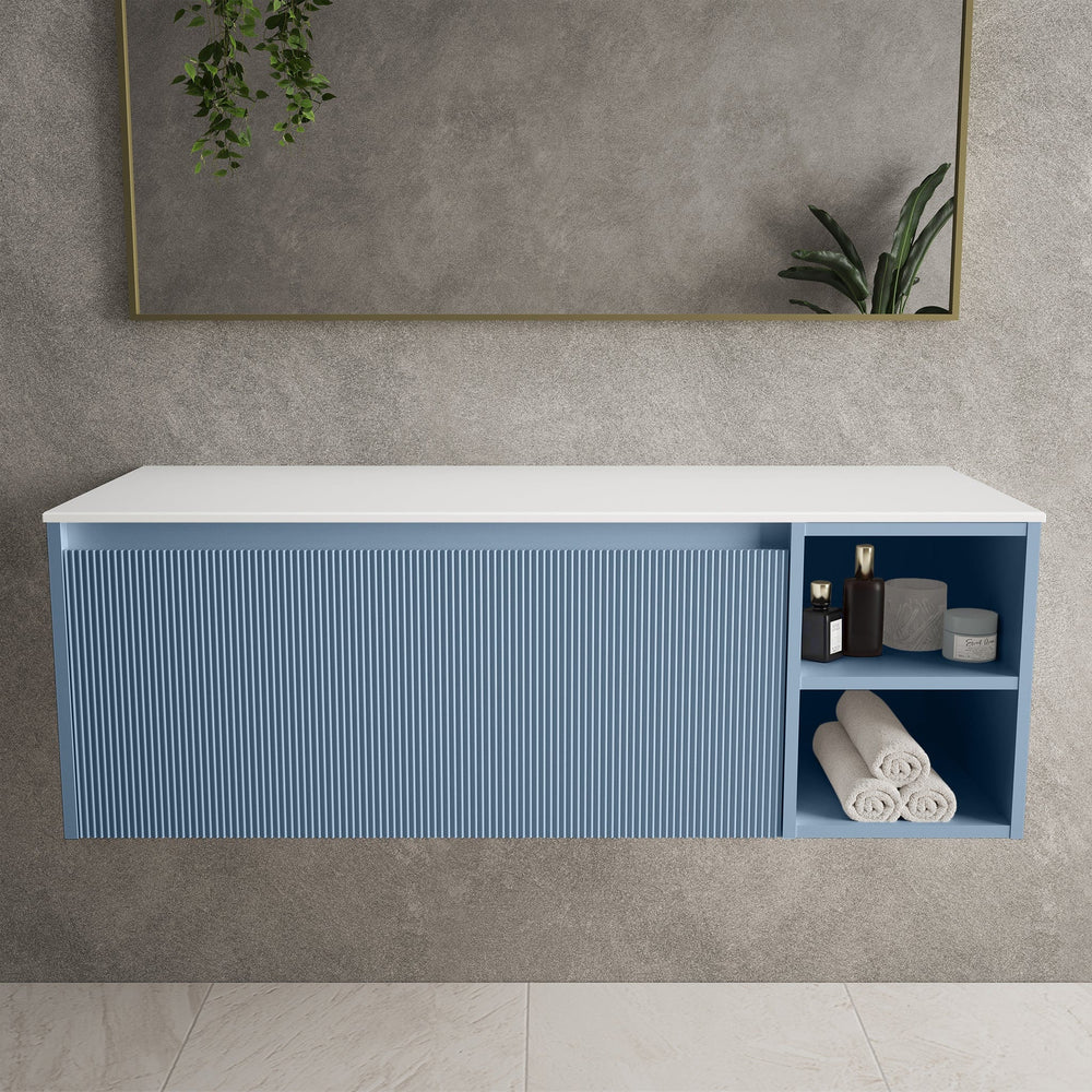 Scanalato Single Drawer Countertop Vanity Unit With Open Storage Space - Soft Blue 1200mm