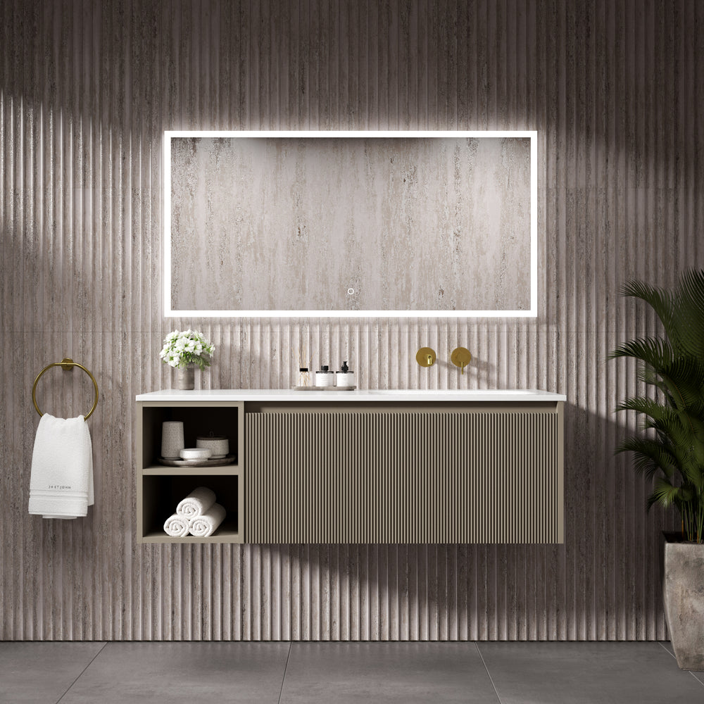 Scanalato Single Drawer Vanity Unit With Open Storage Space And Right Hand Beyondstone Basin - Soft Taupe 1200mm