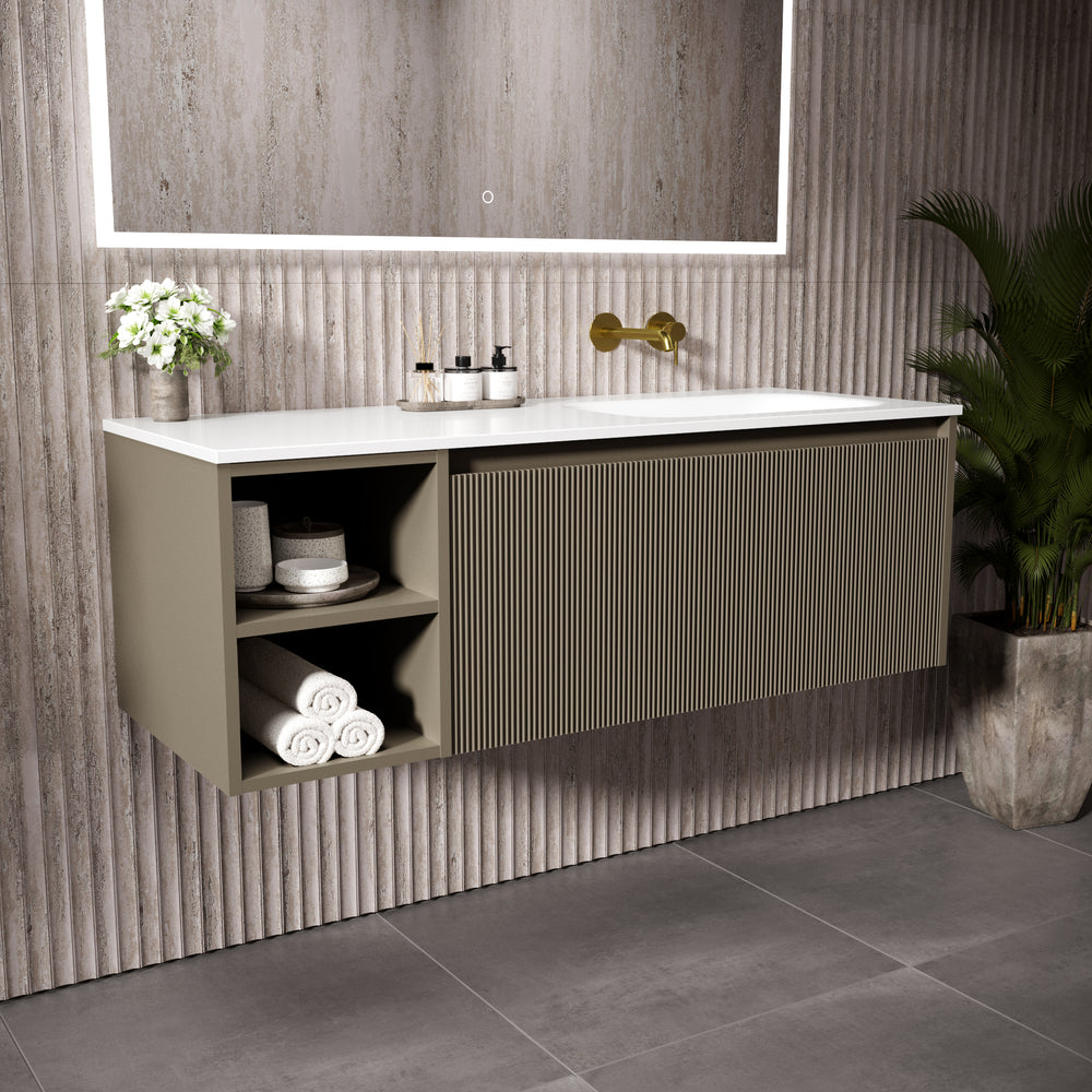 Scanalato Single Drawer Vanity Unit With Open Storage Space And Right Hand Beyondstone Basin - Soft Taupe 1200mm
