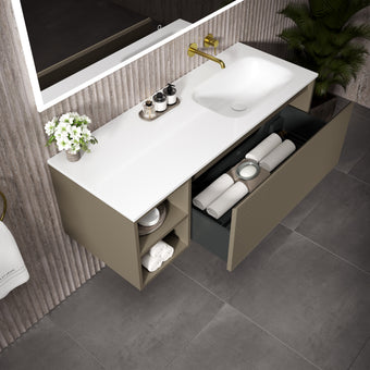 Scanalato Single Drawer Vanity Unit With Open Storage Space And Right Hand Beyondstone Basin - Soft Taupe 1200mm