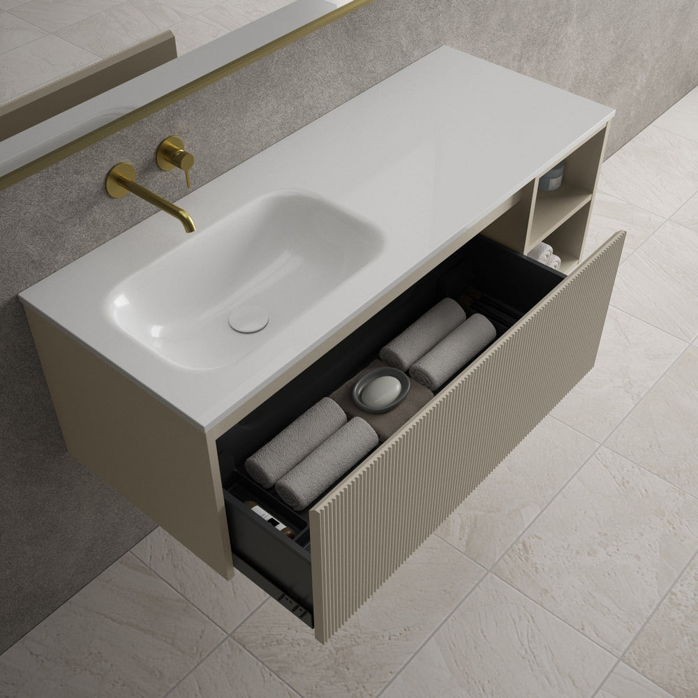 Scanalato Single Drawer Vanity Unit With Open Storage Space And Left Hand Beyondstone Basin - Soft Taupe 1200mm