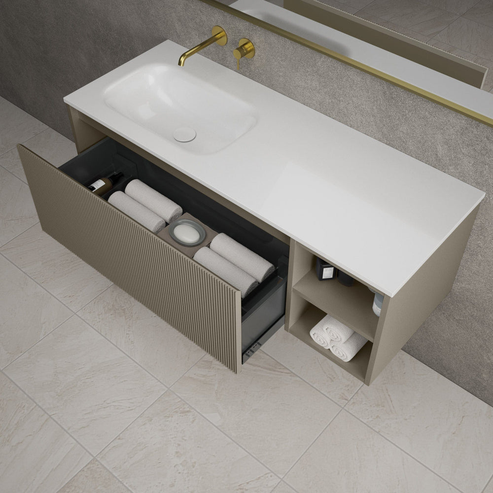 Scanalato Single Drawer Vanity Unit With Open Storage Space And Beyondstone Basin - Soft Taupe 1200mm