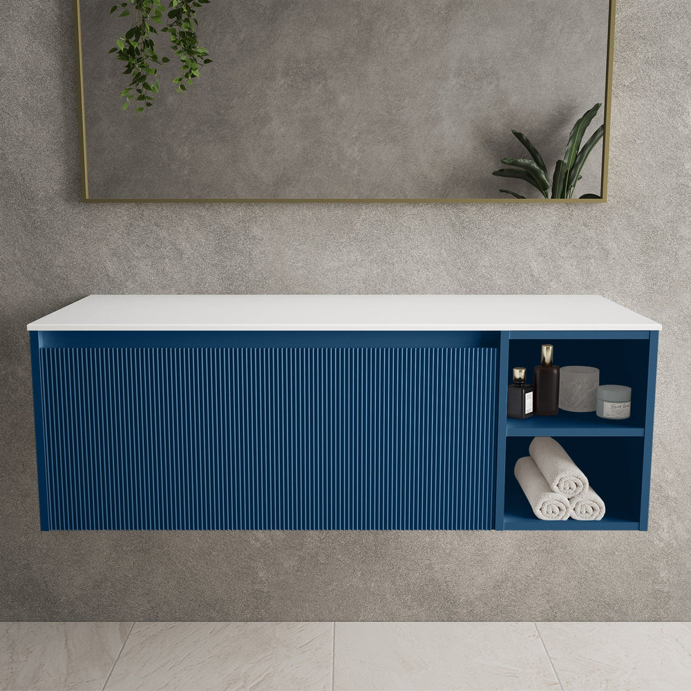 Scanalato Single Drawer Countertop Vanity Unit With Open Storage Space - Ocean Blue 1200mm