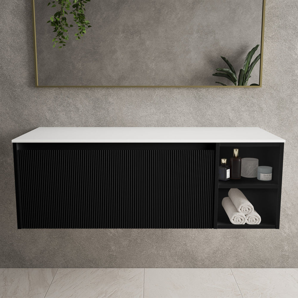 Scanalato Single Drawer Countertop Vanity Unit With Open Storage Space - Pure Black 1200mm