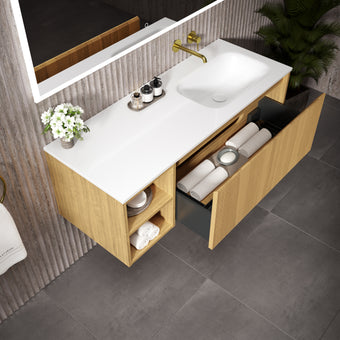 Scanalato Single Drawer Vanity Unit With Open Storage Space And Right Hand Beyondstone Basin - Oak 1200mm