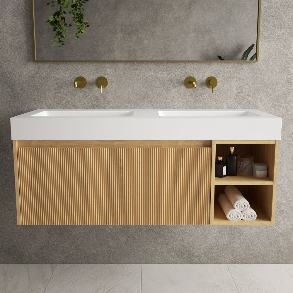 Scanalato Single Drawer Vanity Unit With Open Storage Space And Beyondstone BLOC Basin - Oak 1200mm