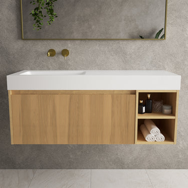 Scanalato Single Drawer Vanity Unit With Open Storage Space And Beyondstone BLOC Basin - Oak 1200mm