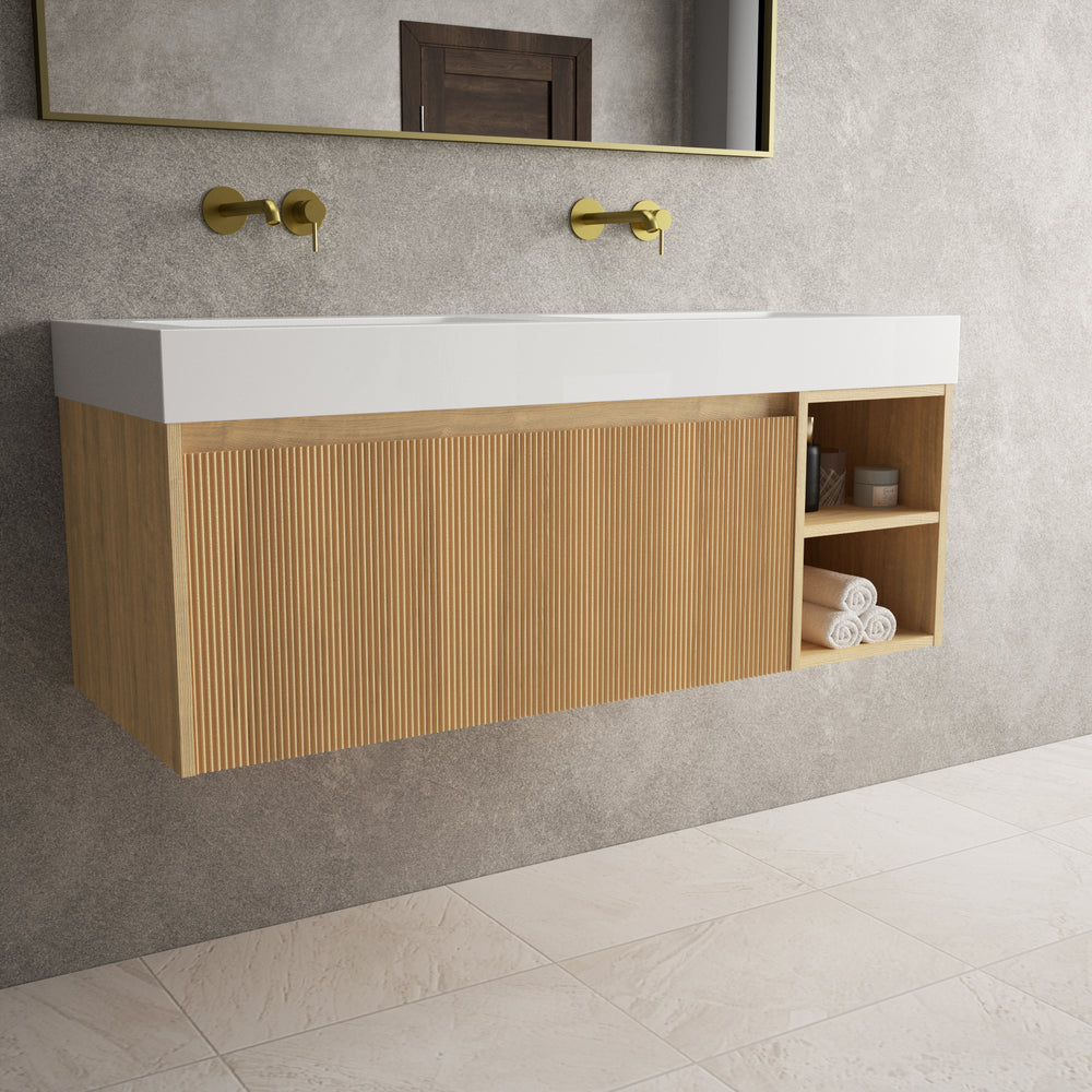Scanalato Single Drawer Vanity Unit With Open Storage Space And Beyondstone BLOC Basin - Oak 1200mm