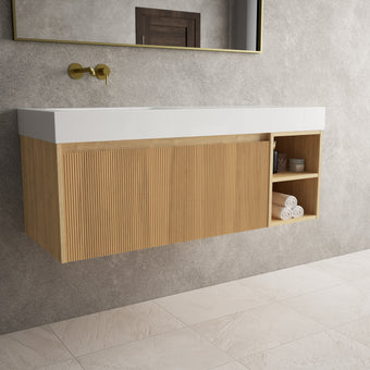 Scanalato Single Drawer Vanity Unit With Open Storage Space And Beyondstone BLOC Basin - Oak 1200mm