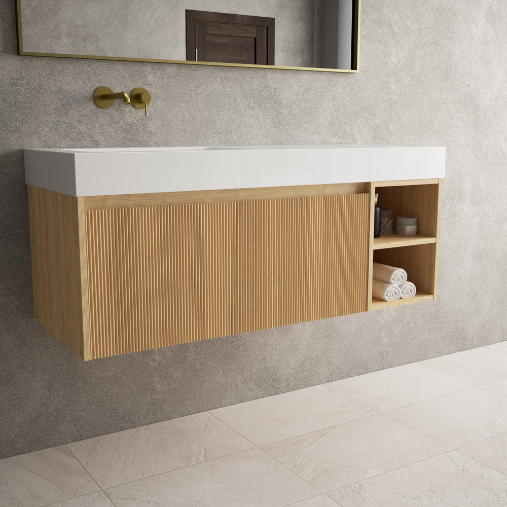 Scanalato Single Drawer Vanity Unit With Open Storage Space And Beyondstone BLOC Basin - Oak 1200mm