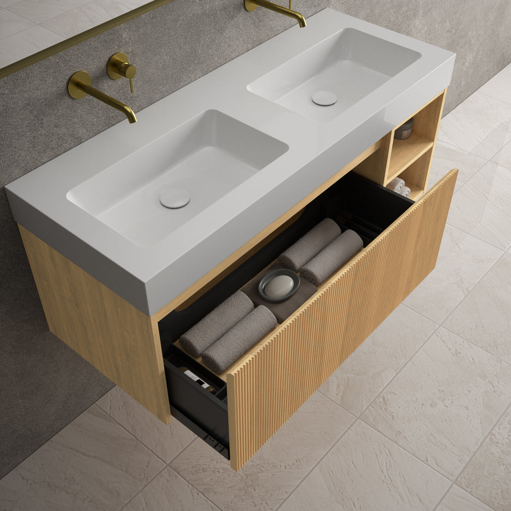 Scanalato Single Drawer Vanity Unit With Open Storage Space And Beyondstone BLOC Basin - Oak 1200mm