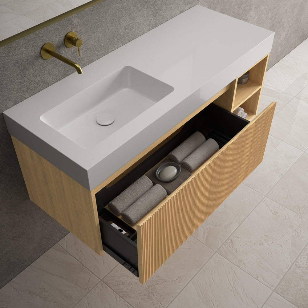 Scanalato Single Drawer Vanity Unit With Open Storage Space And Beyondstone BLOC Basin - Oak 1200mm