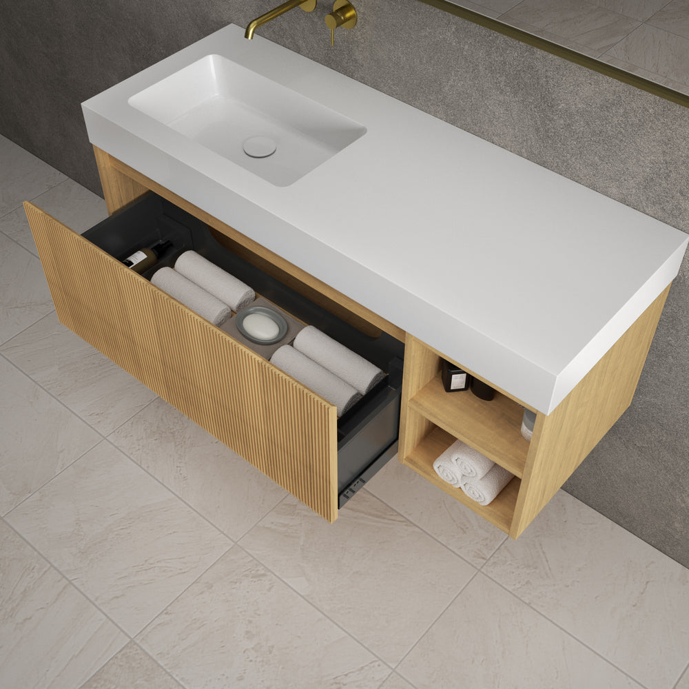 Scanalato Single Drawer Vanity Unit With Open Storage Space And Beyondstone BLOC Basin - Oak 1200mm