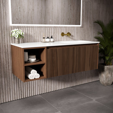 Scanalato Single Drawer Vanity Unit With Open Storage Space And Right Hand Beyondstone Basin - Walnut 1200mm