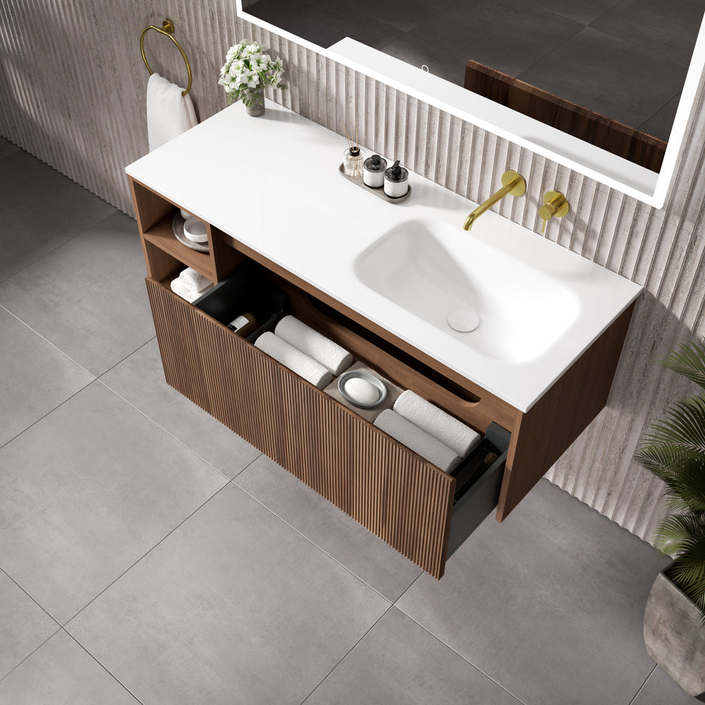 Scanalato Single Drawer Vanity Unit With Open Storage Space And Right Hand Beyondstone Basin - Walnut 1200mm