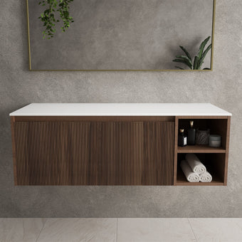 Scanalato Single Drawer Countertop Vanity Unit With Open Storage Space - Walnut 1200mm