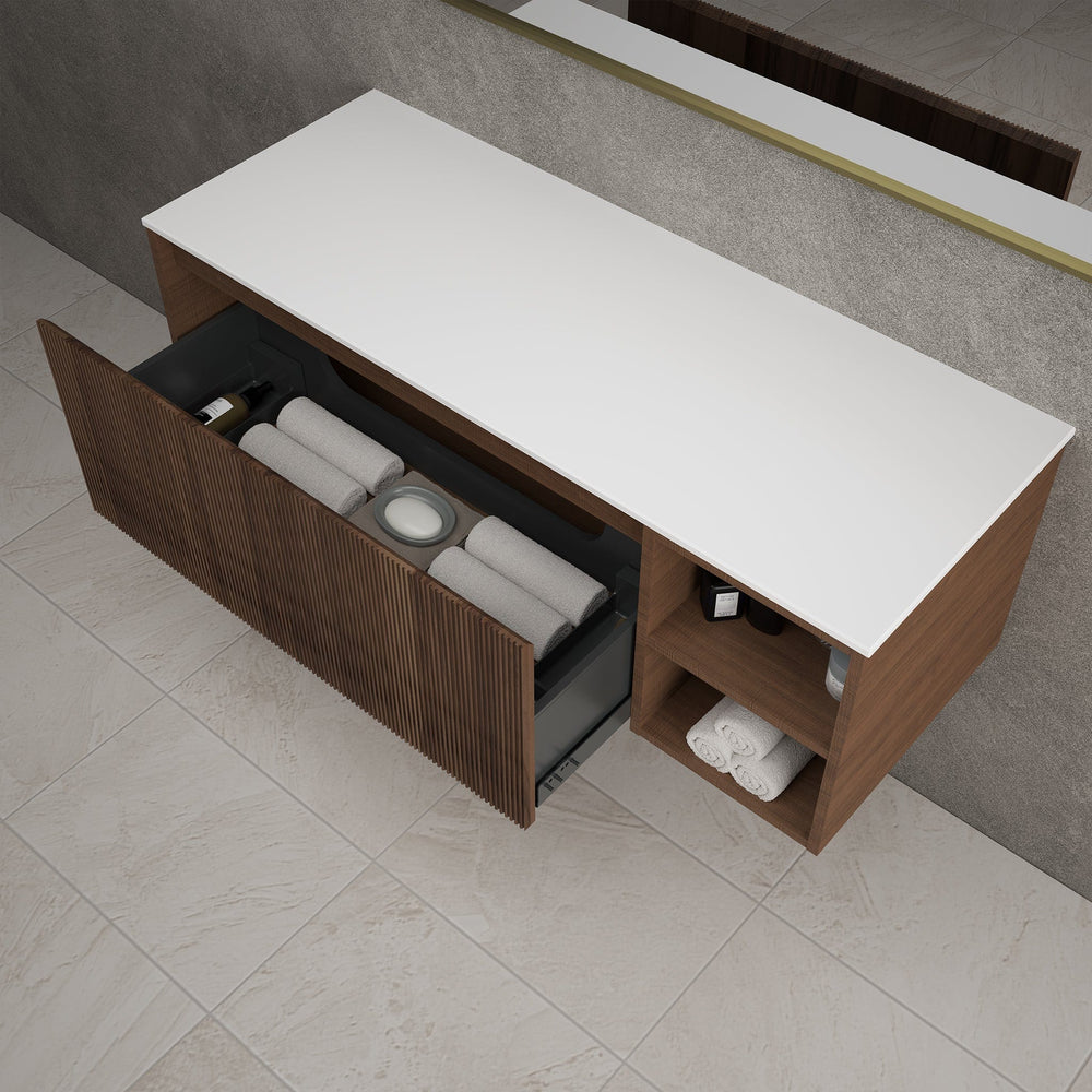 Scanalato Single Drawer Countertop Vanity Unit With Open Storage Space - Walnut 1200mm