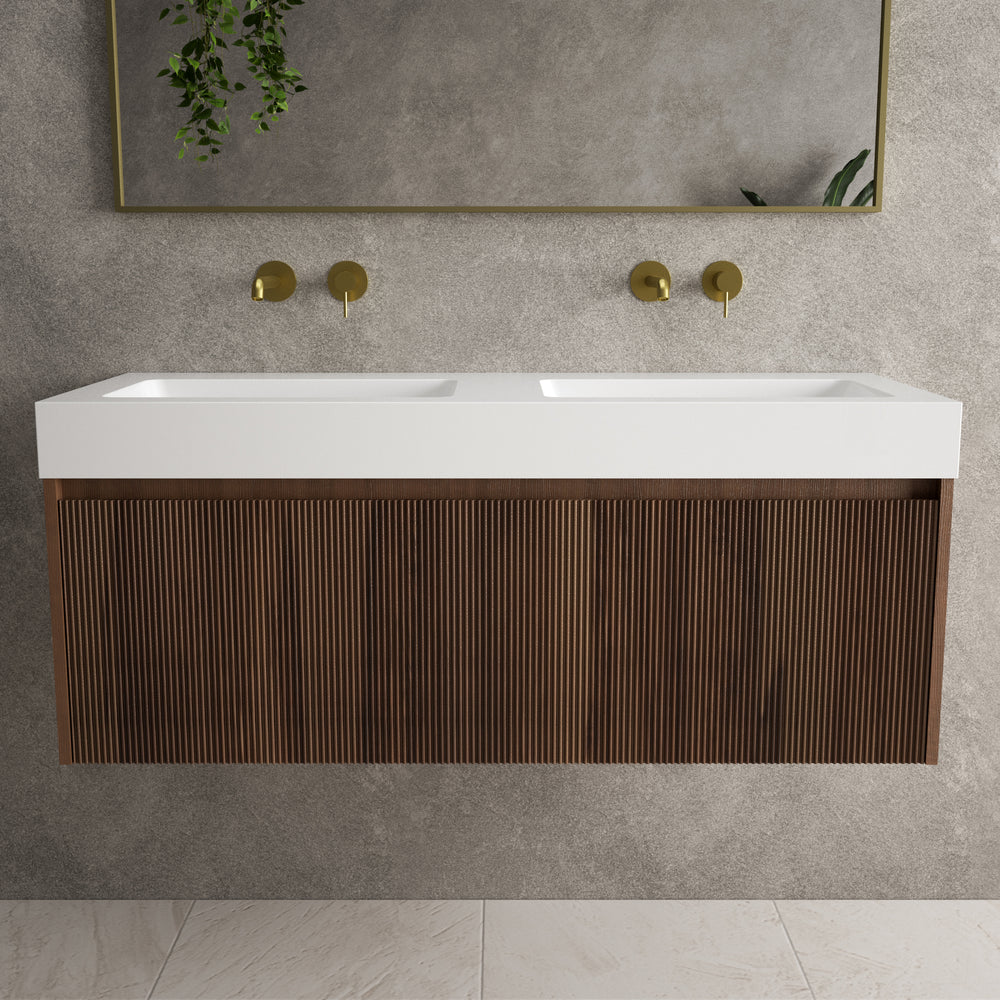 Scanalato Single Drawer Vanity Unit With Beyondstone BLOC Double Basin - Walnut 1200mm