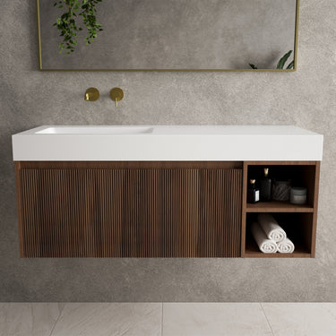 Scanalato Single Drawer Vanity Unit With Open Storage Space And Beyondstone BLOC Basin - Walnut 1200mm