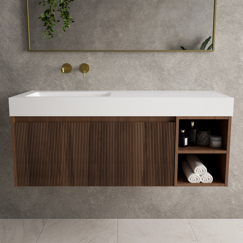 Scanalato Single Drawer Vanity Unit With Open Storage Space And Beyondstone BLOC Basin - Walnut 1200mm