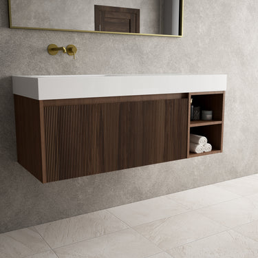 Scanalato Single Drawer Vanity Unit With Open Storage Space And Beyondstone BLOC Basin - Walnut 1200mm