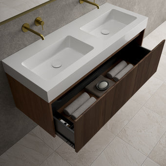 Scanalato Single Drawer Vanity Unit With Beyondstone BLOC Double Basin - Walnut 1200mm