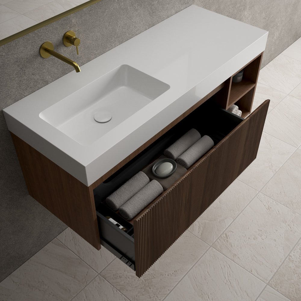 Scanalato Single Drawer Vanity Unit With Open Storage Space And Beyondstone BLOC Basin - Walnut 1200mm