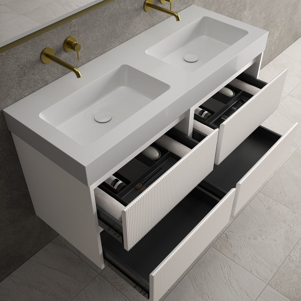 Scanalato Four Drawer Vanity Unit With Beyondstone BLOC Double Basin - Pure White 1200mm