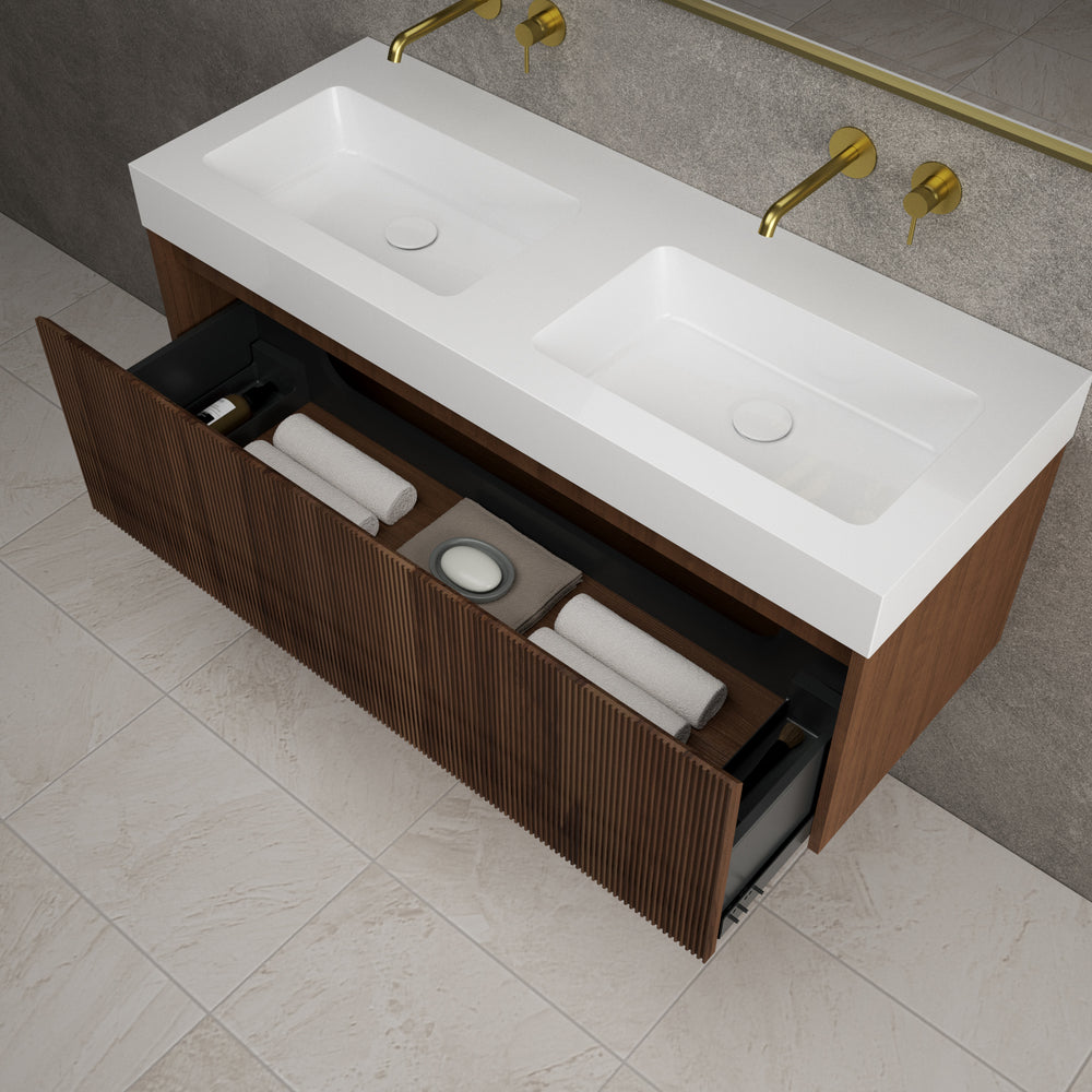 Scanalato Single Drawer Vanity Unit With Beyondstone BLOC Double Basin - Walnut 1200mm
