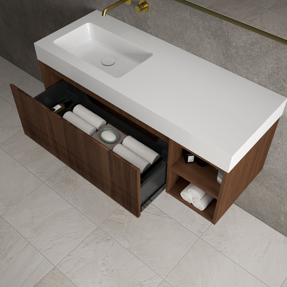 Scanalato Single Drawer Vanity Unit With Open Storage Space And Beyondstone BLOC Basin - Walnut 1200mm