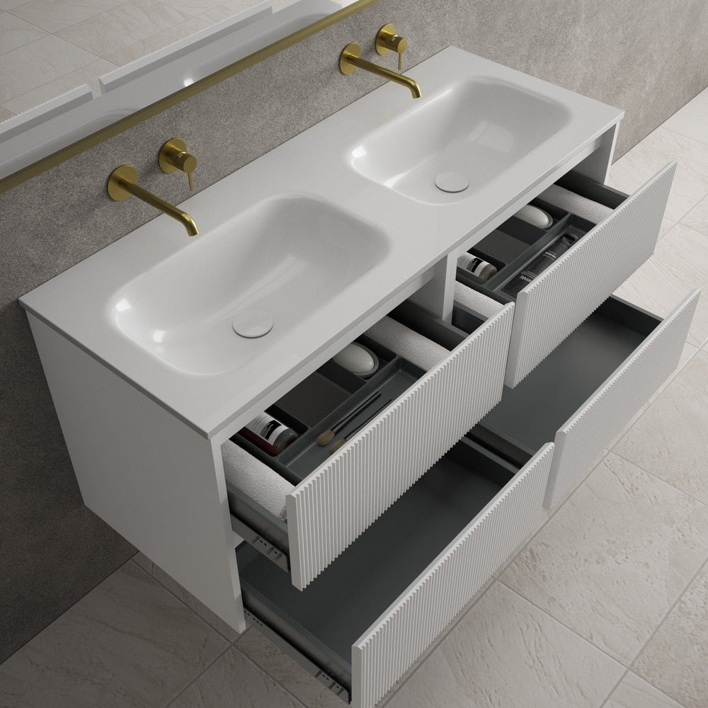 Scanalato Four Drawer Vanity Unit With Beyondstone Double Basin - Soft Grey 1200mm