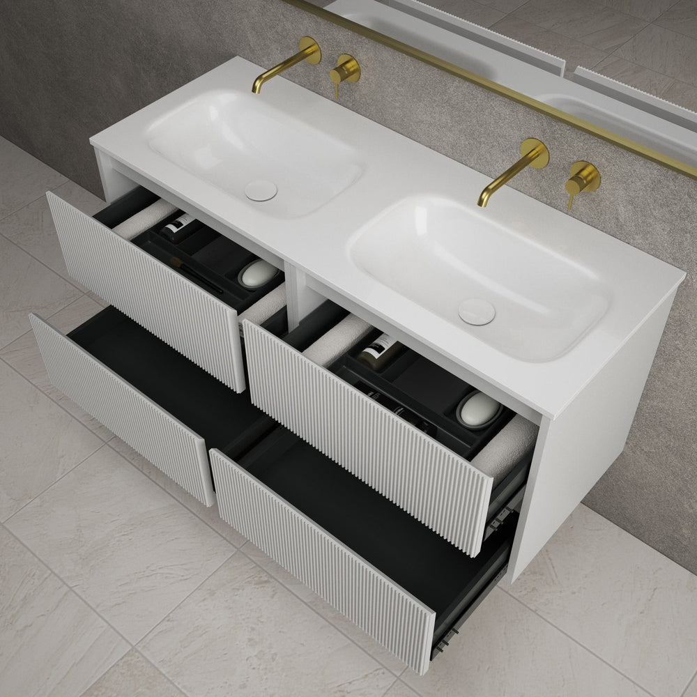 Scanalato Four Drawer Vanity Unit With Beyondstone Double Basin - Soft Grey 1200mm