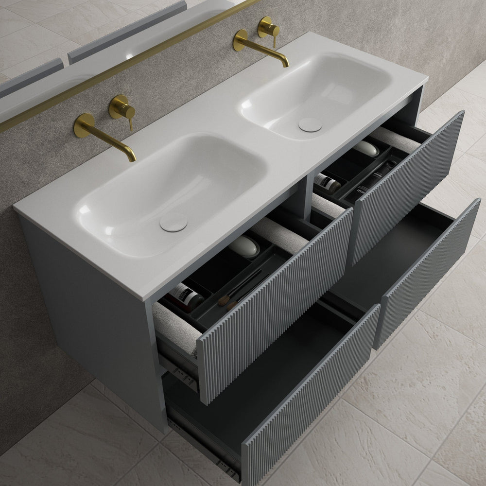 Scanalato Four Drawer Vanity Unit With Beyondstone Double Basin - Dove Grey 1200mm