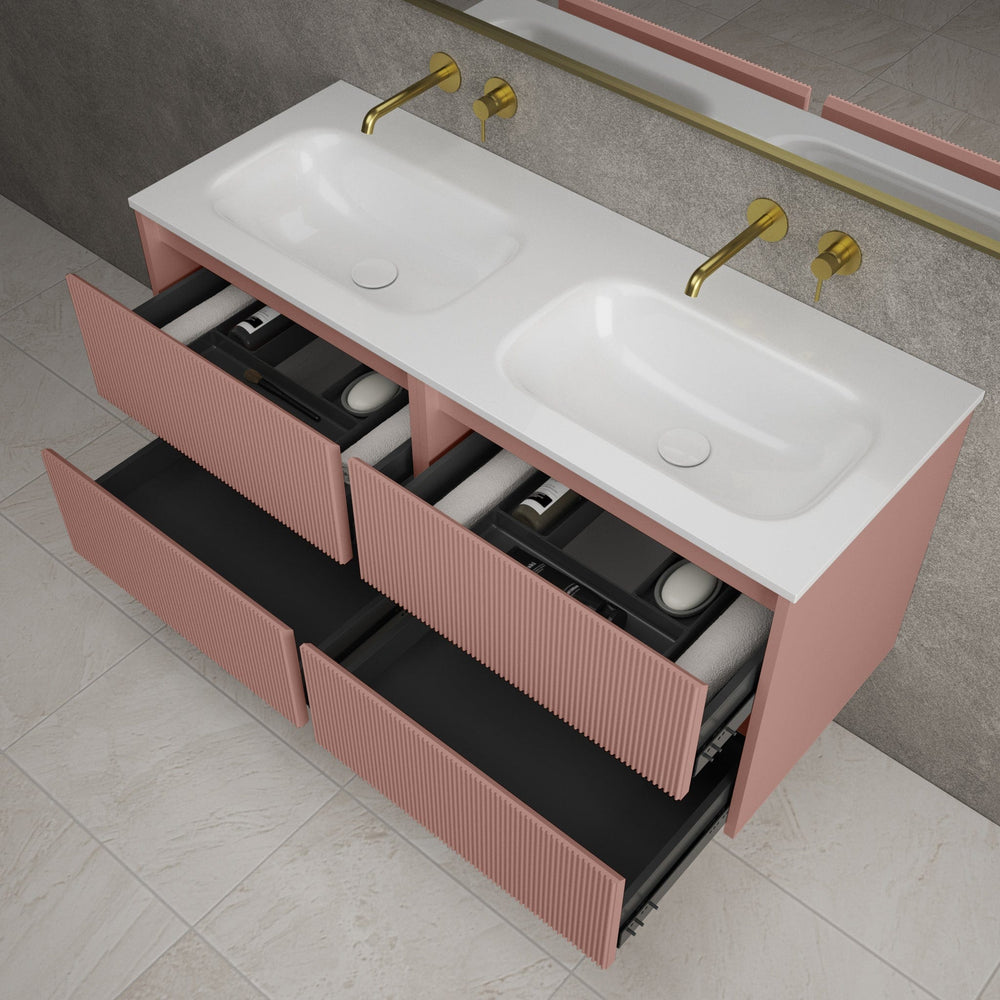 Scanalato Four Drawer Vanity Unit With Beyondstone Double Basin - Dusky Pink 1200mm