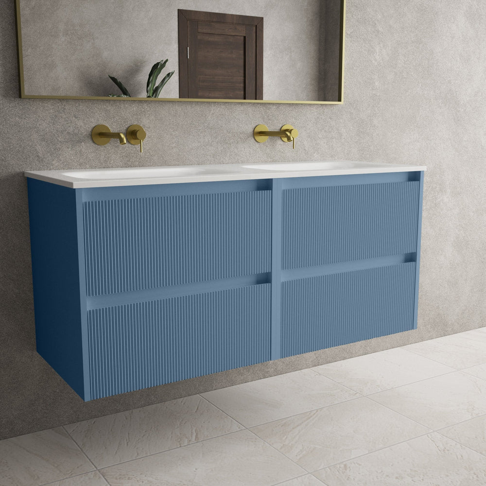 Scanalato Four Drawer Vanity Unit With Beyondstone Double Basin - Soft Blue 1200mm