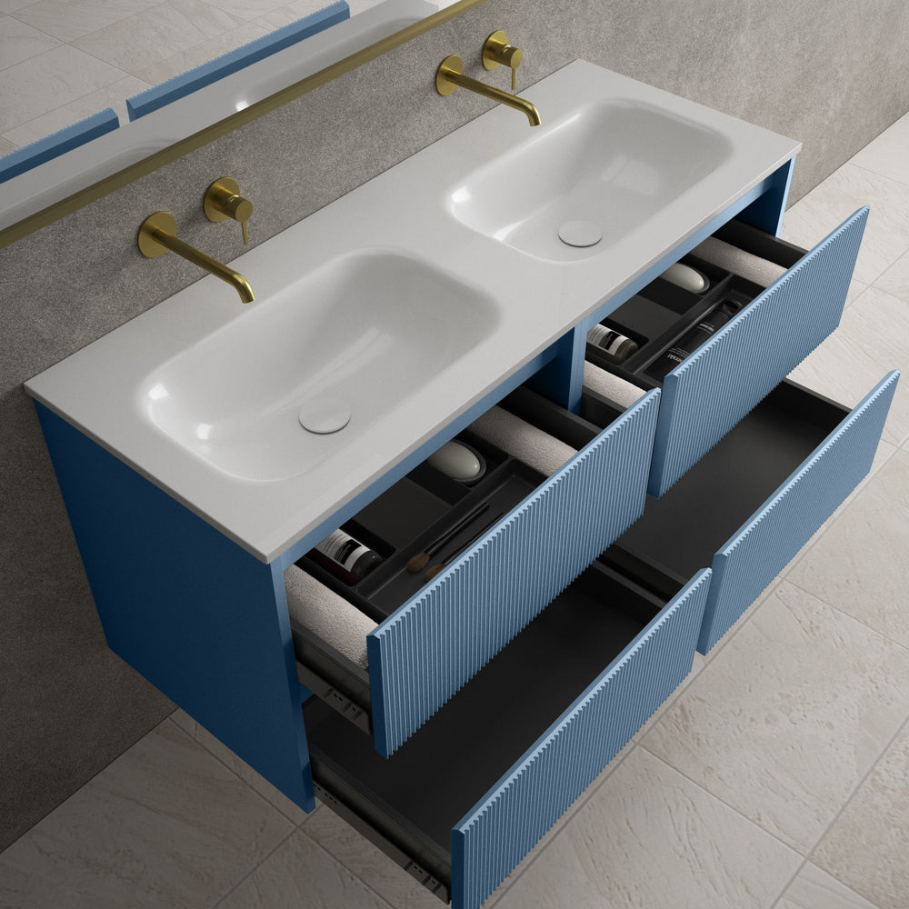 Scanalato Four Drawer Vanity Unit With Beyondstone Double Basin - Soft Blue 1200mm