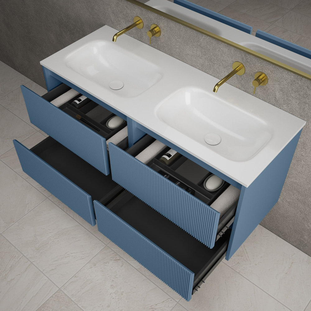 Scanalato Four Drawer Vanity Unit With Beyondstone Double Basin - Soft Blue 1200mm