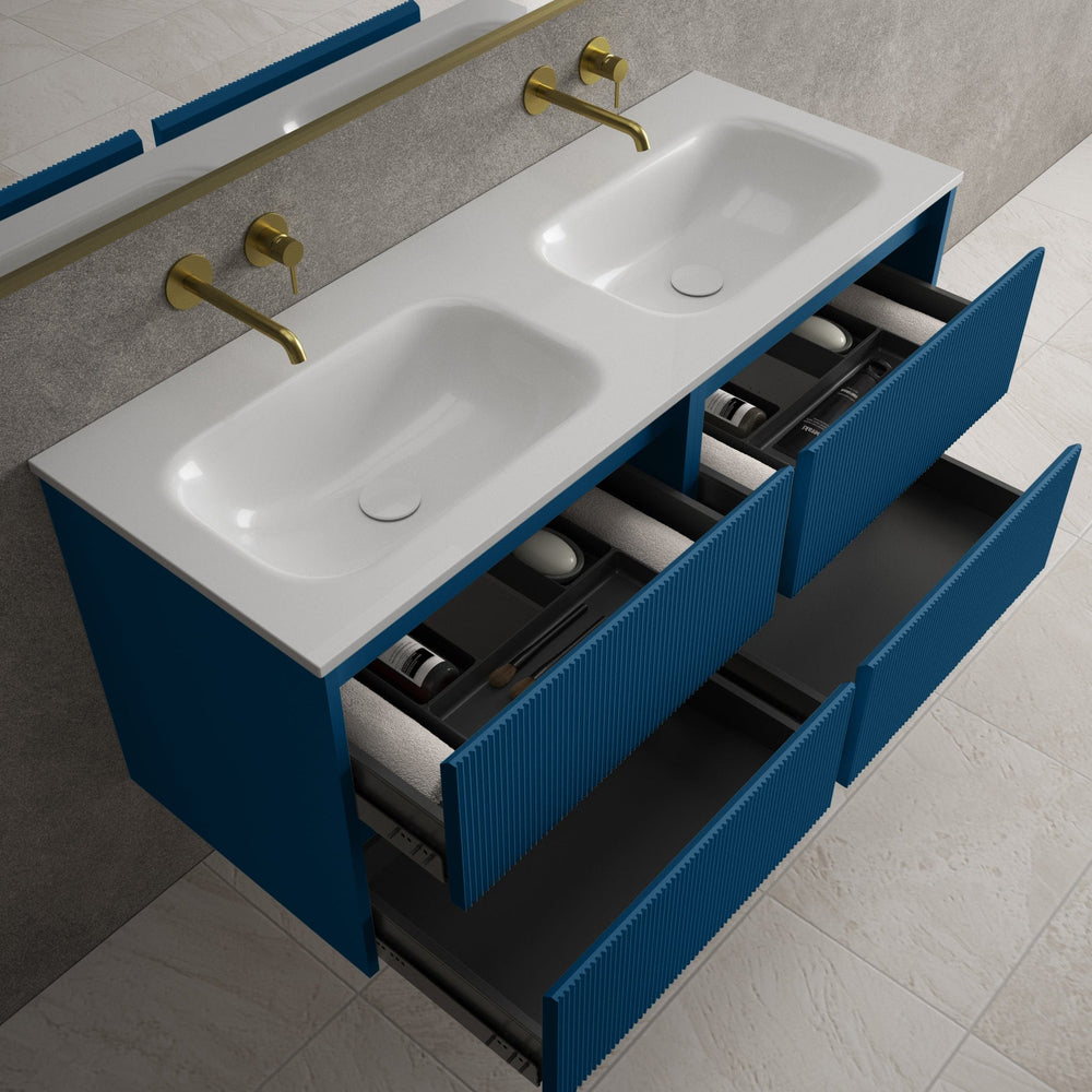 Scanalato Four Drawer Vanity Unit With Beyondstone Double Basin - Ocean Blue 1200mm