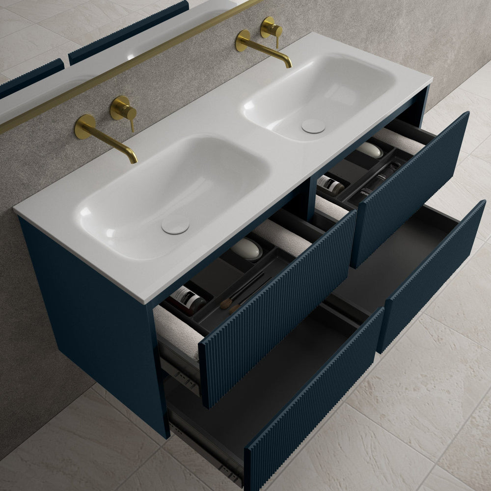 Scanalato Four Drawer Vanity Unit With Beyondstone Double Basin - Midnight Blue 1200mm