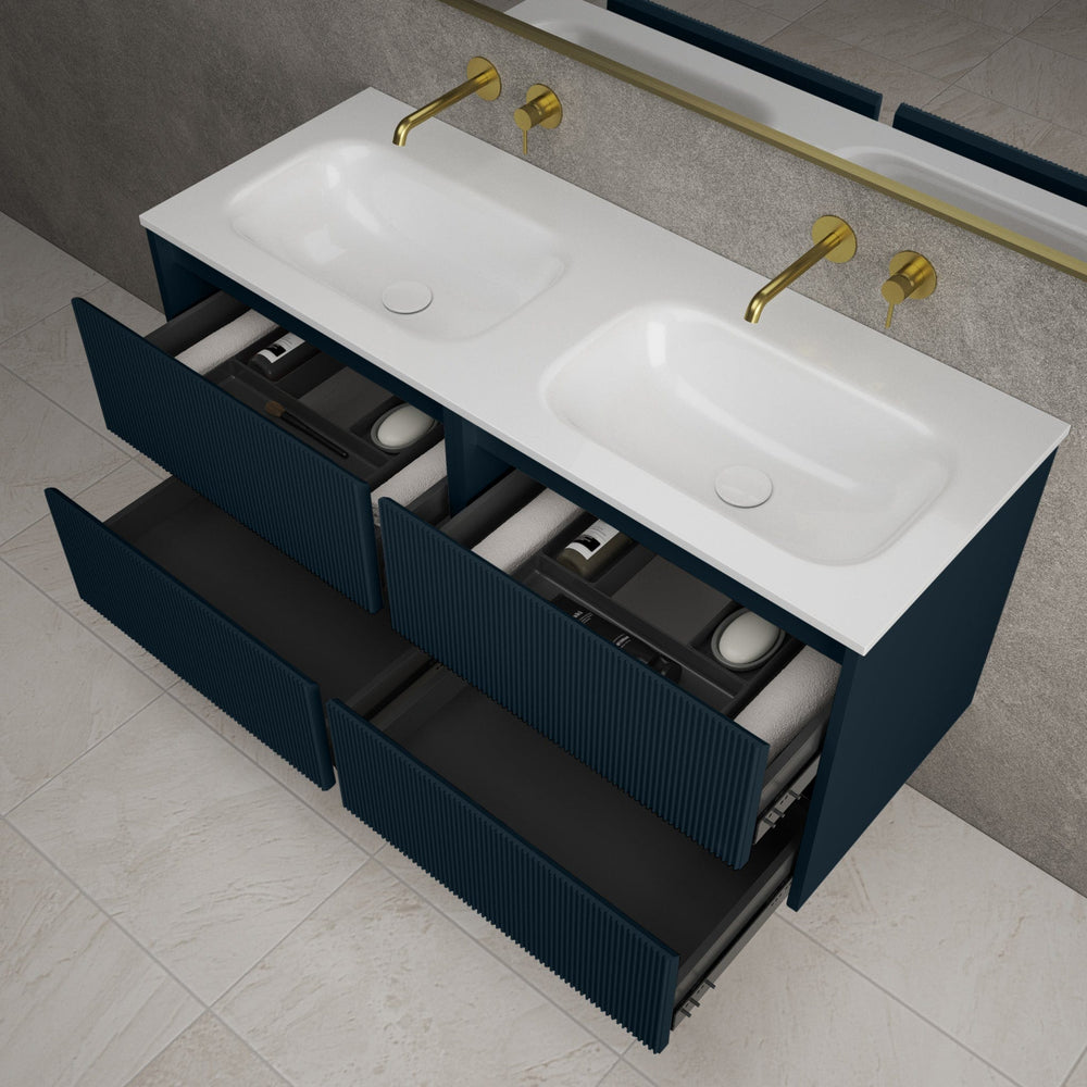Scanalato Four Drawer Vanity Unit With Beyondstone Double Basin - Midnight Blue 1200mm