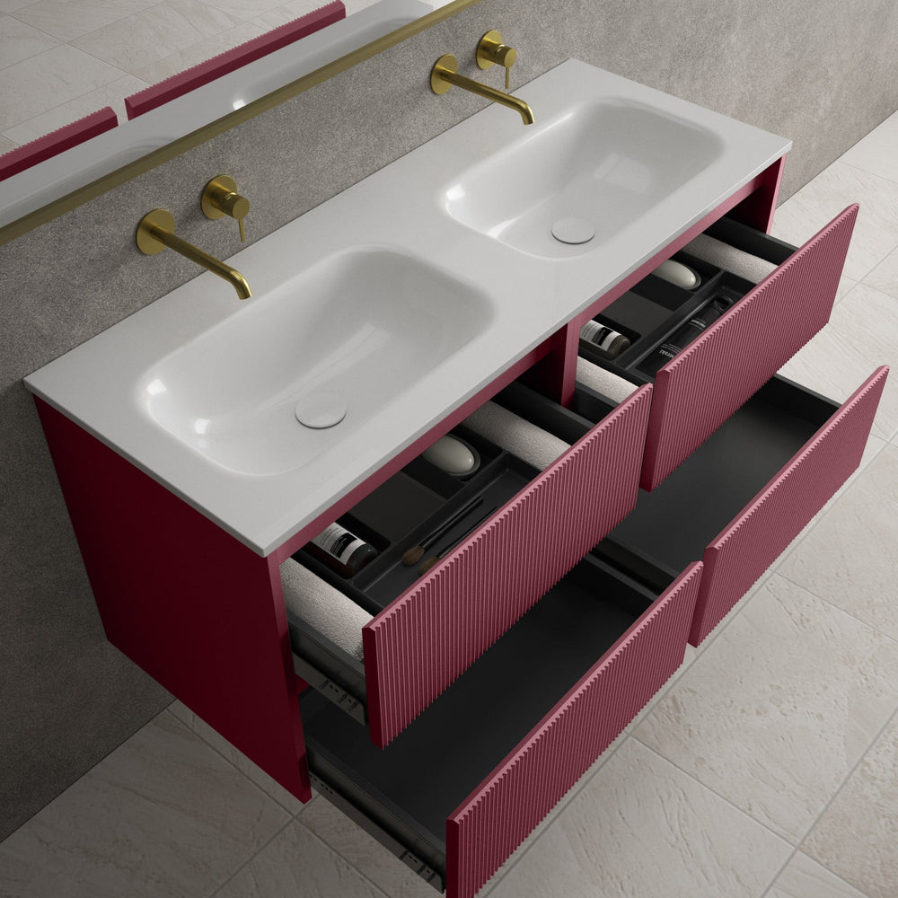 Scanalato Four Drawer Vanity Unit With Beyondstone Double Basin - Mineral Red 1200mm